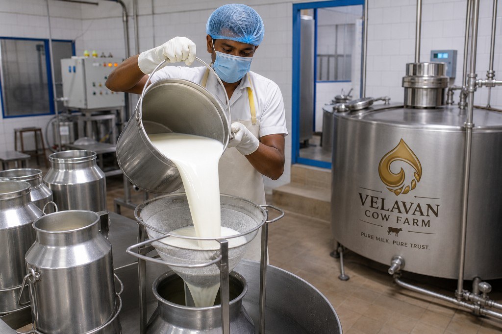 Worker filtering fresh milk at Velavan Cow Farm