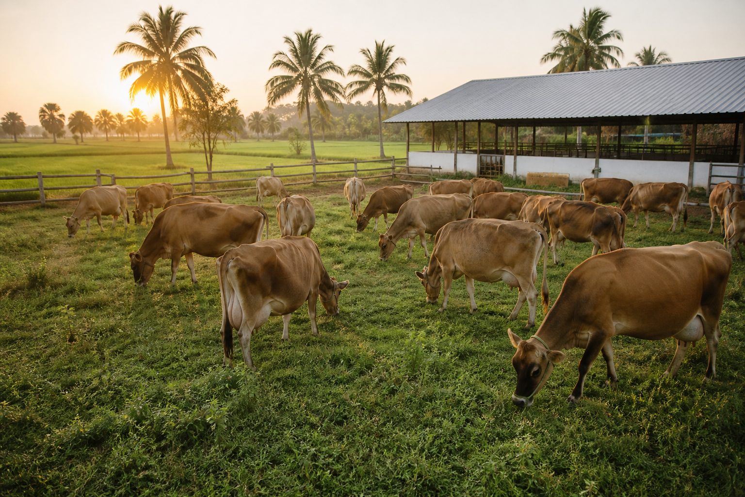 Jersey cows grazing at Velavan Cow Farm in Thanjavur before milking and dairy processing