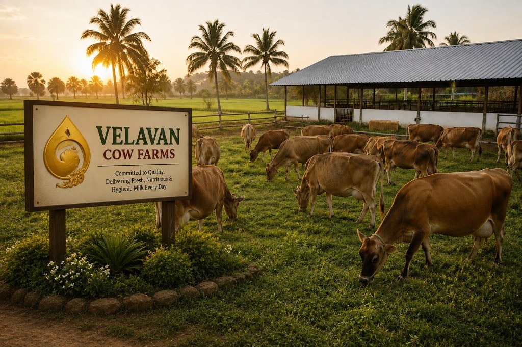 Velavan Cow Farms sign with Jersey cows grazing in Thanjavur