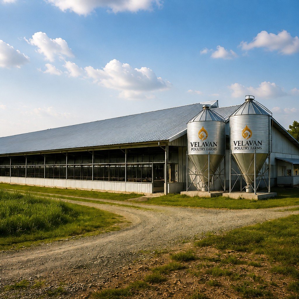 Velavan Poultry Farms houses and feed silos in Thanjavur for egg export lots