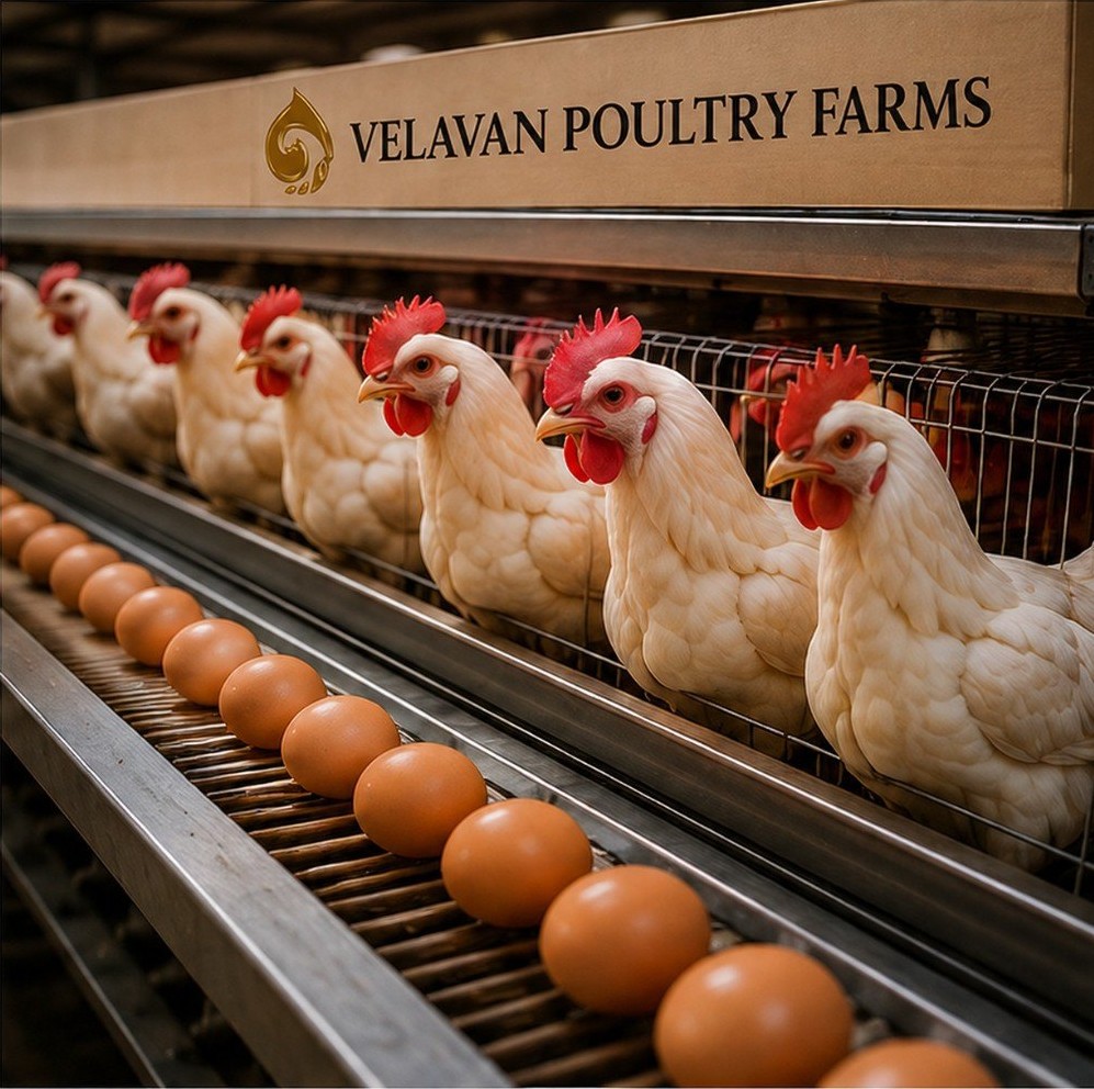 Layer chickens and egg collection at Velavan Poultry Farms