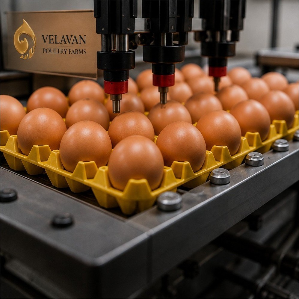 Eggs stamped with hatching date at Velavan Poultry Farms