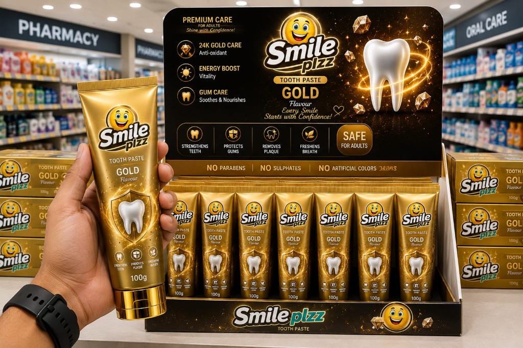 Smile plzz GOLD flavour toothpaste retail display
